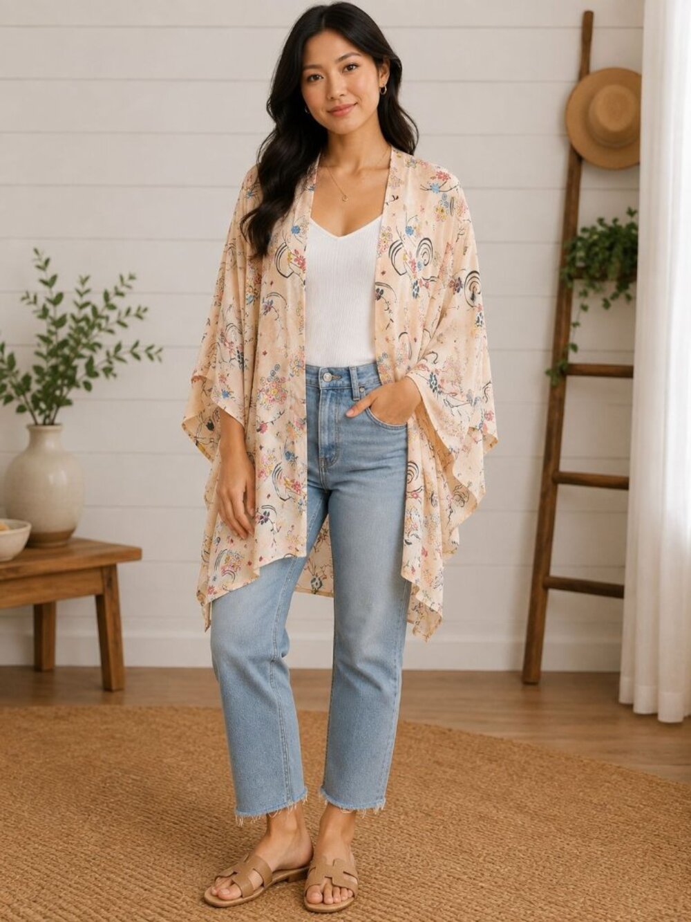 Love Tree Los Angeles Floral Kimono Cardigan Asian Crane Bird Boho Open Front M